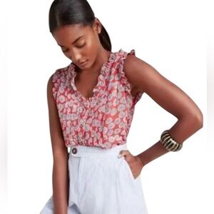 Maeve red floral ruffle trim button-up scoop neck tank top blouse size 4P